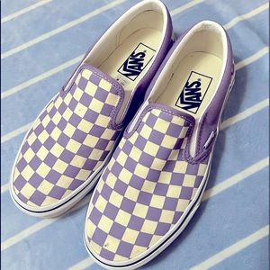 Checkered slip on vans lilac purple.